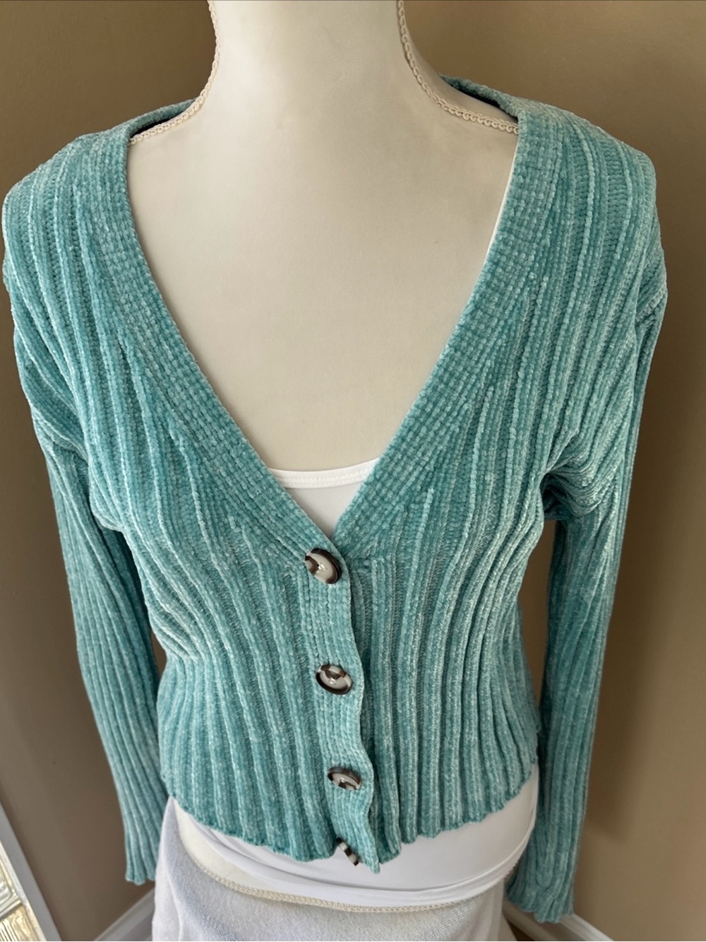 Lavender Moon Teal Ribbed V-Neck Button Front Cardigan L